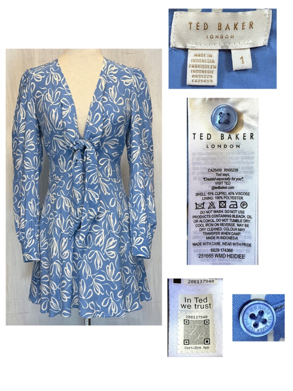 Ted Baker Size 1  US 4 Heidiee Modernity Floral Mini Dress Blue White EUC